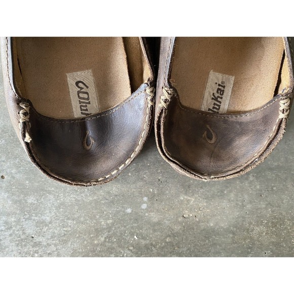 Olukai Moloa 10128-6348 Mens 11 Dark Wood Leather Loafers Slip On Shoes